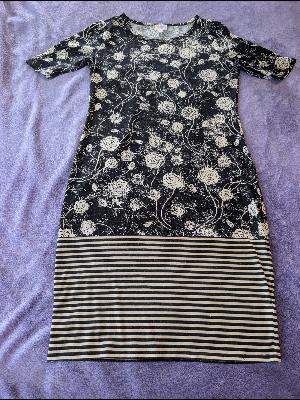 LuLaRoe Black and Cream Floral Midi Dress with Striped Hem